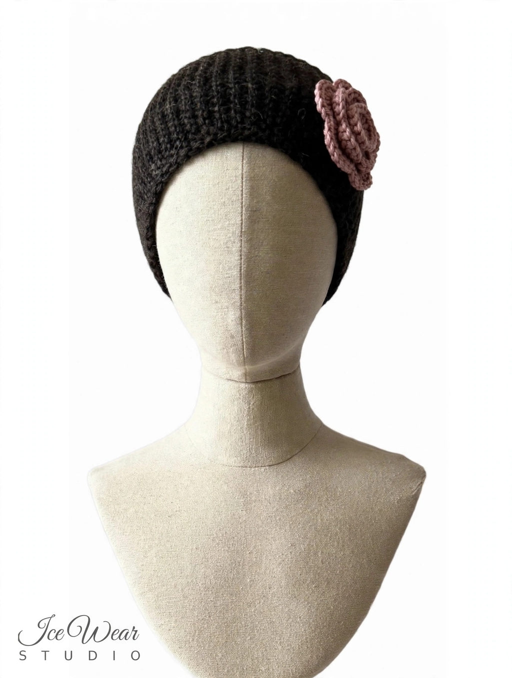 Black Rose Crochet Flower Button Headband