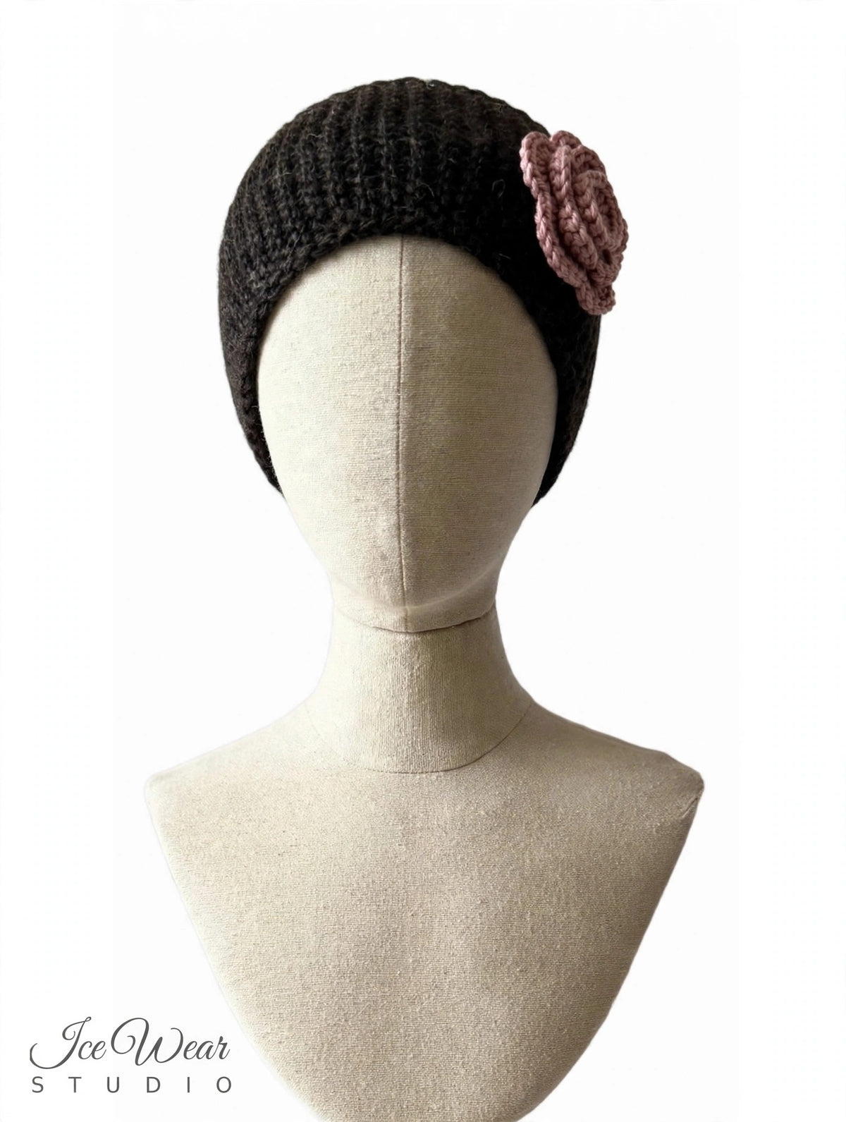 Black Rose Crochet Flower Button Headband