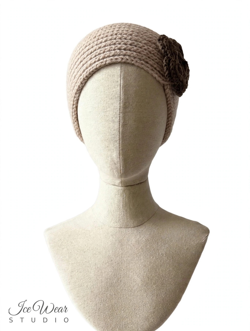 Beige Dark Brown Crochet Flower Headband