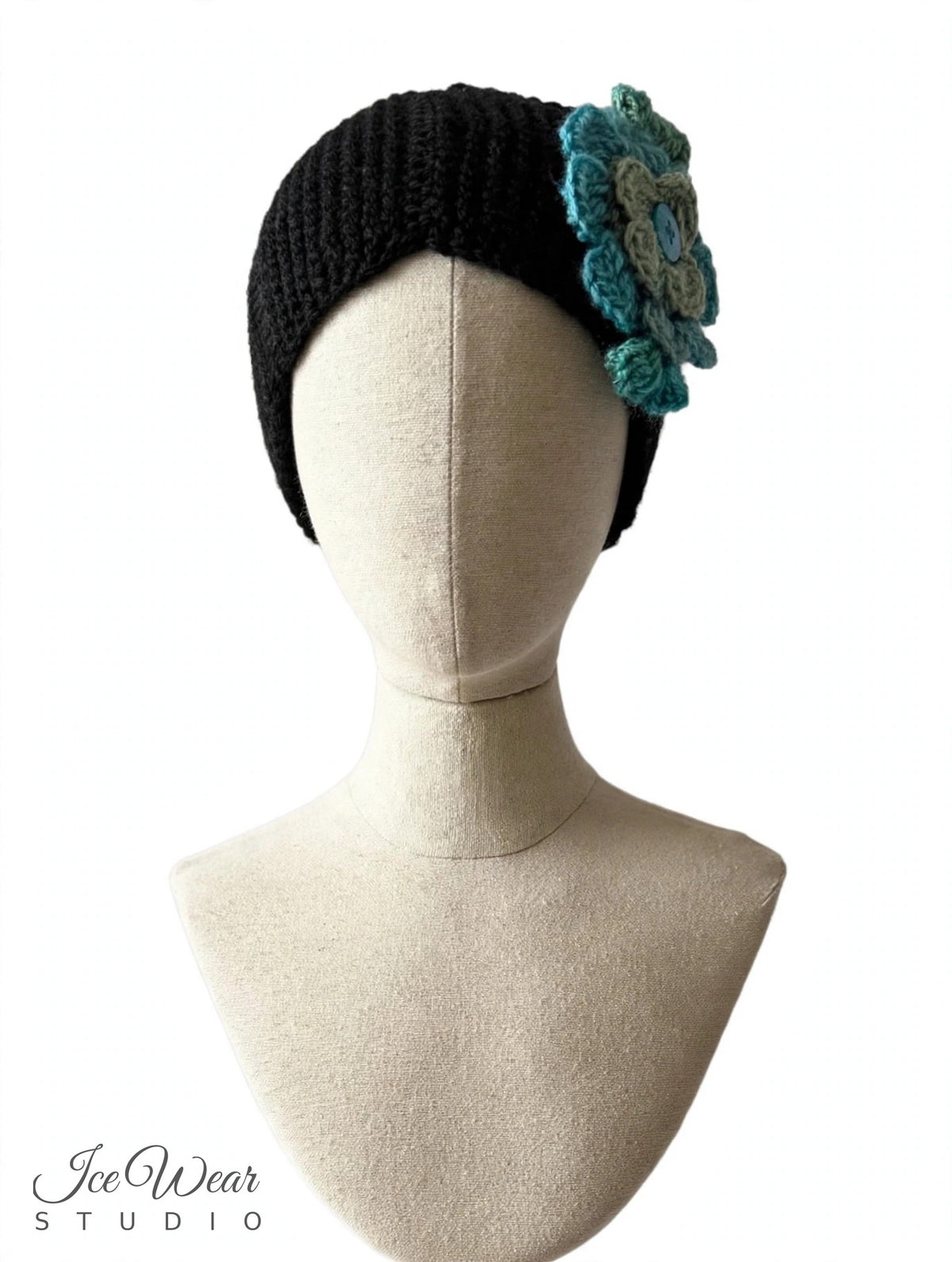 Black Teal Crochet Flower Headband