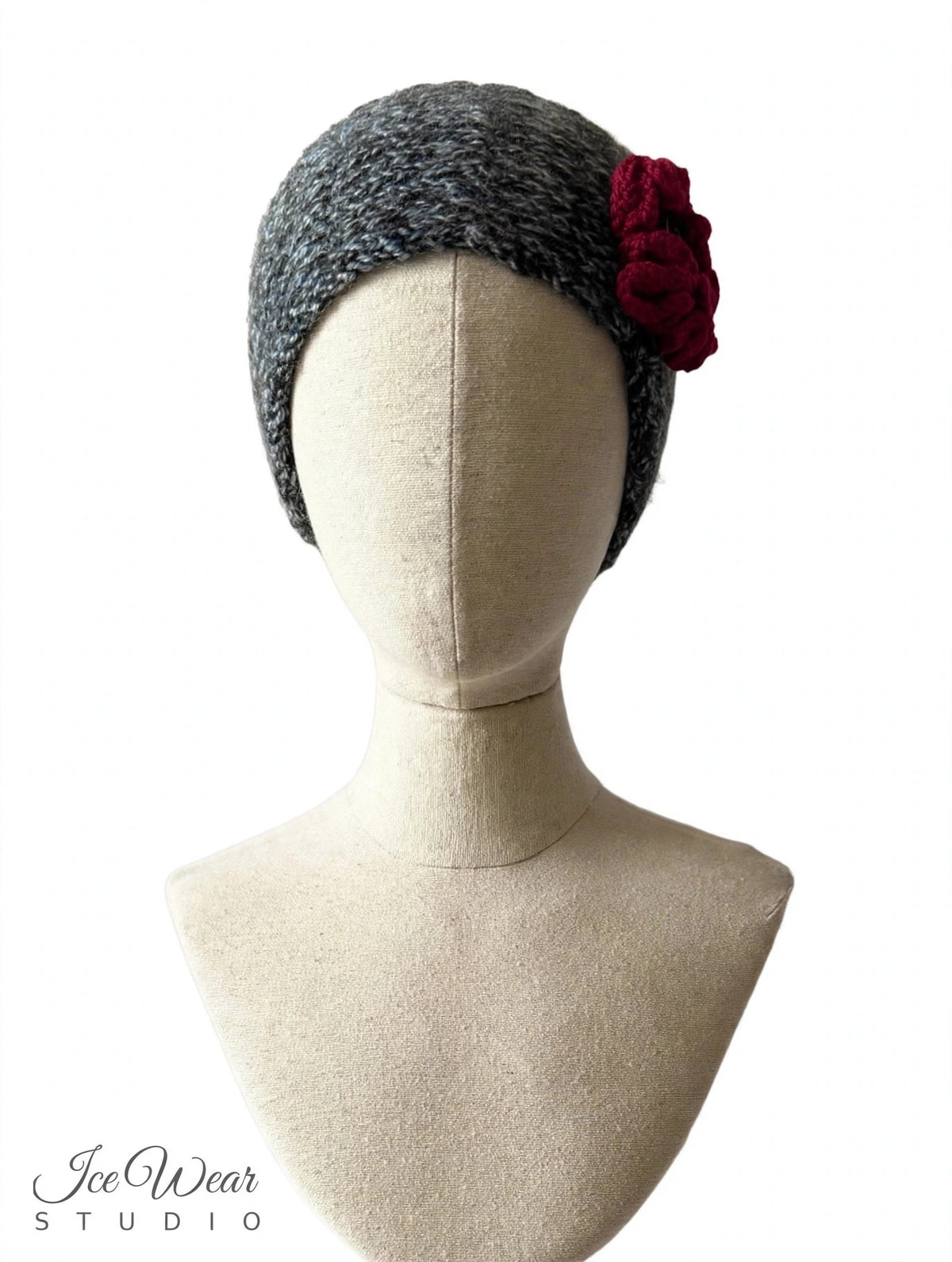 Gray Marled Red Crochet Flower Headband
