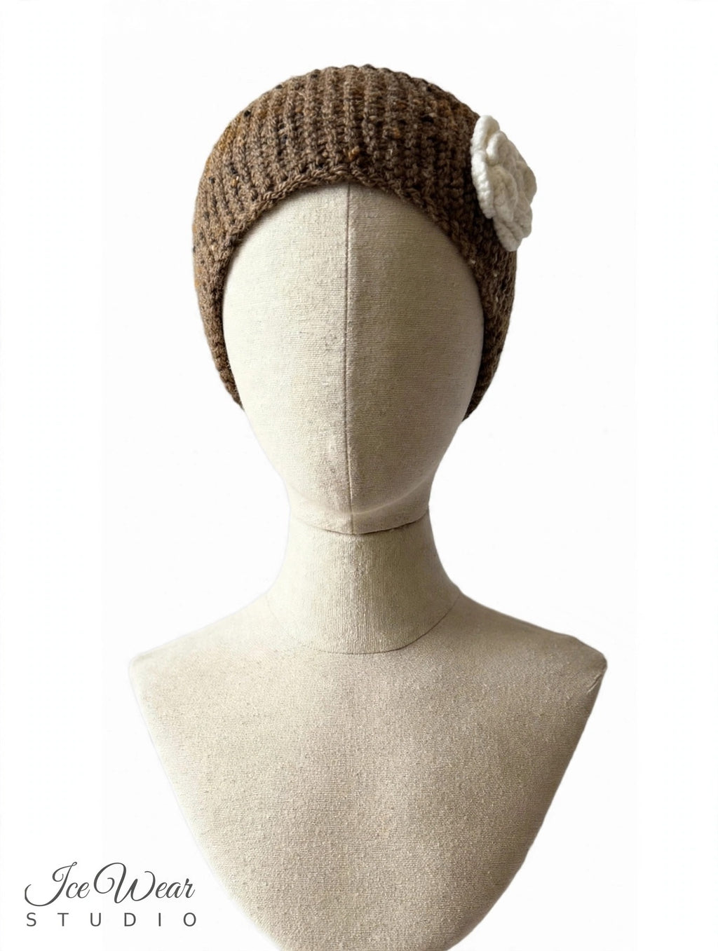 Brown Tweed White Crochet Flower Headband