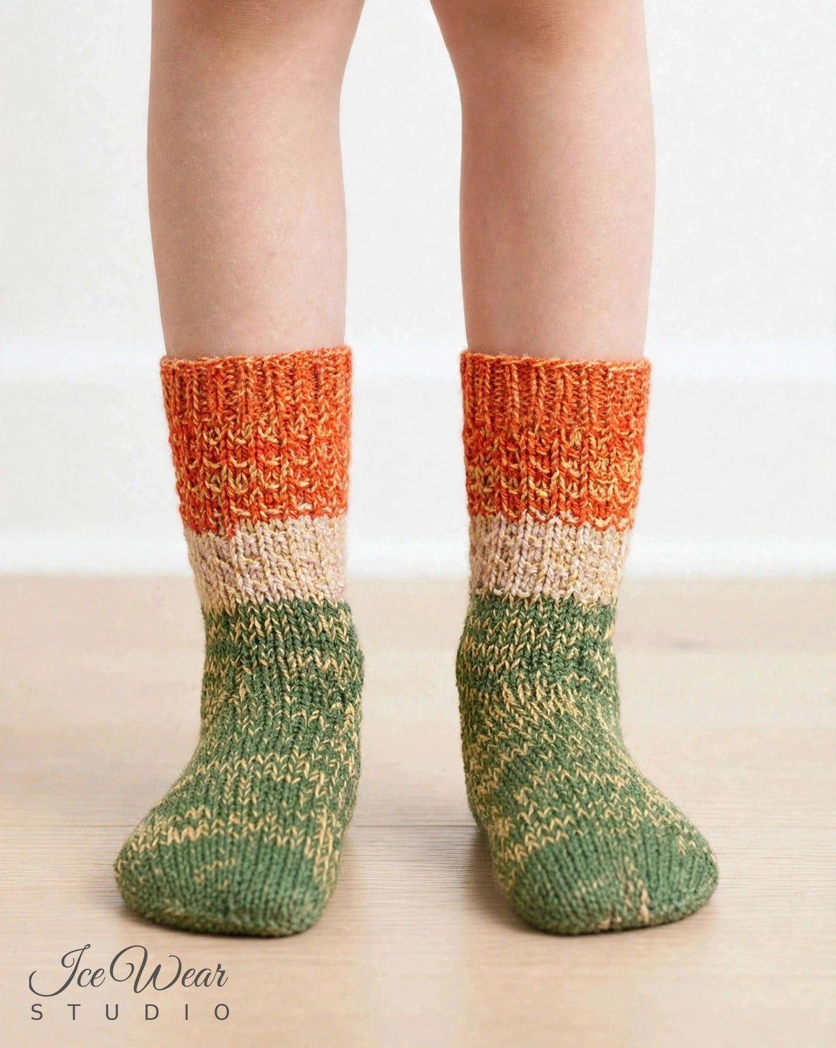 Kids' Green and Tan Marled Knit Socks with Orange Cuff