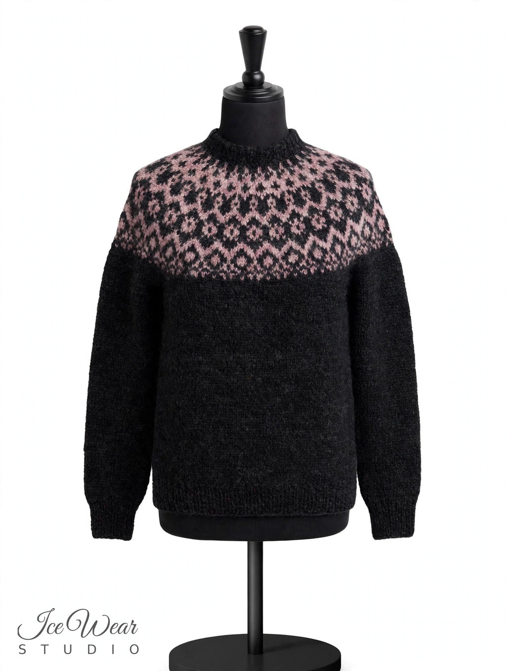 Black Traditional Icelandic Wool Sweater Pullover Rose