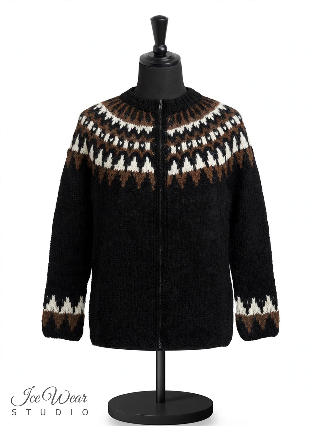 Black Traditional Icelandic Wool Sweater Zip-Up