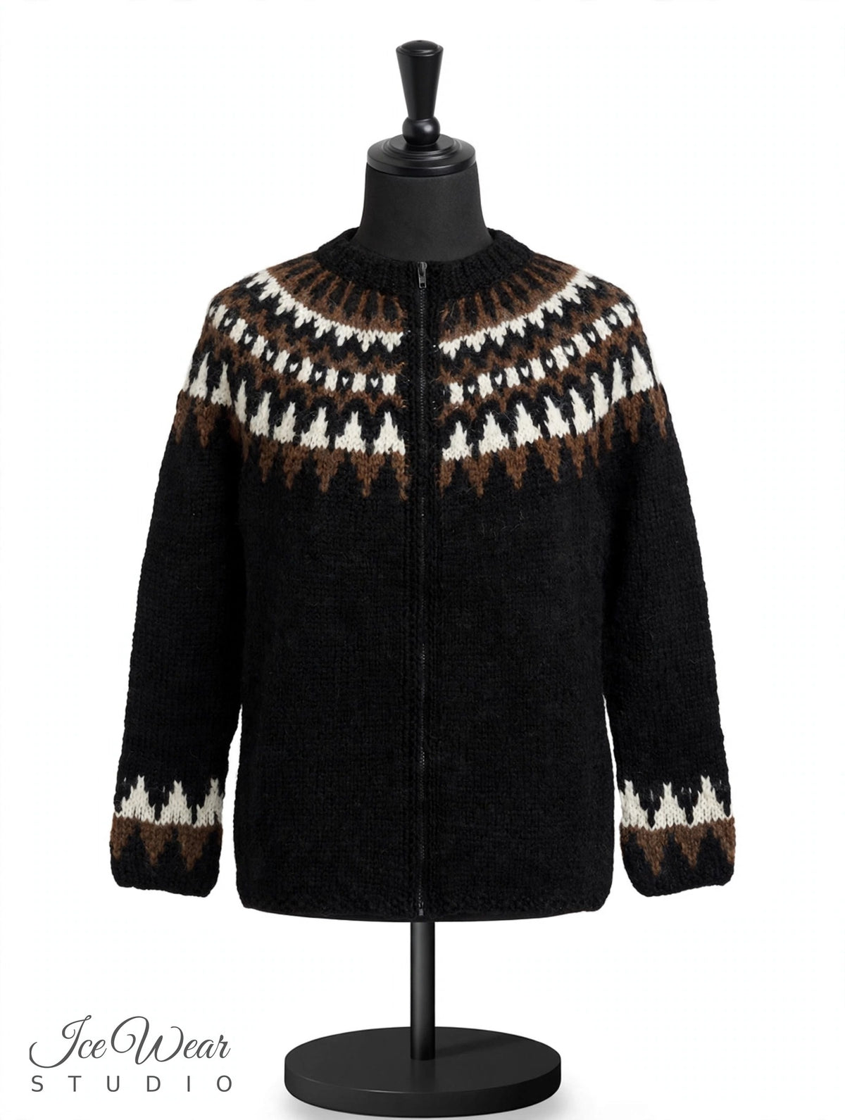 Black Traditional Icelandic Wool Sweater Zip-Up