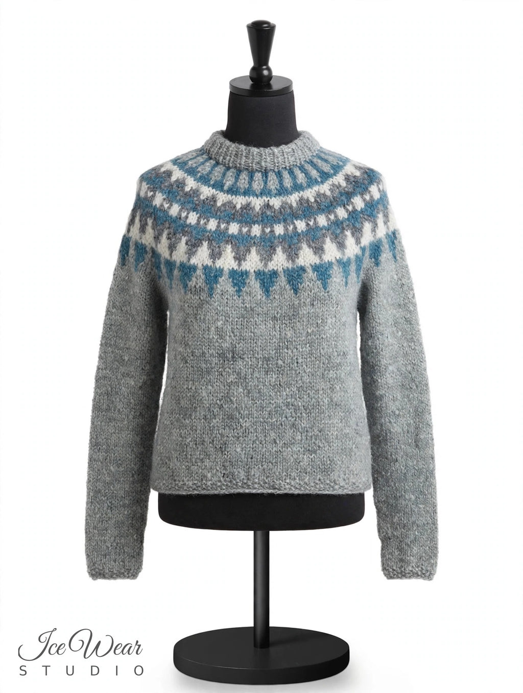 Grey Cropped Traditional Icelandic Wool Sweater Pullover Teal