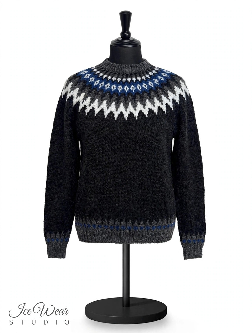 Black Traditional Icelandic Wool Sweater Pullover Blue