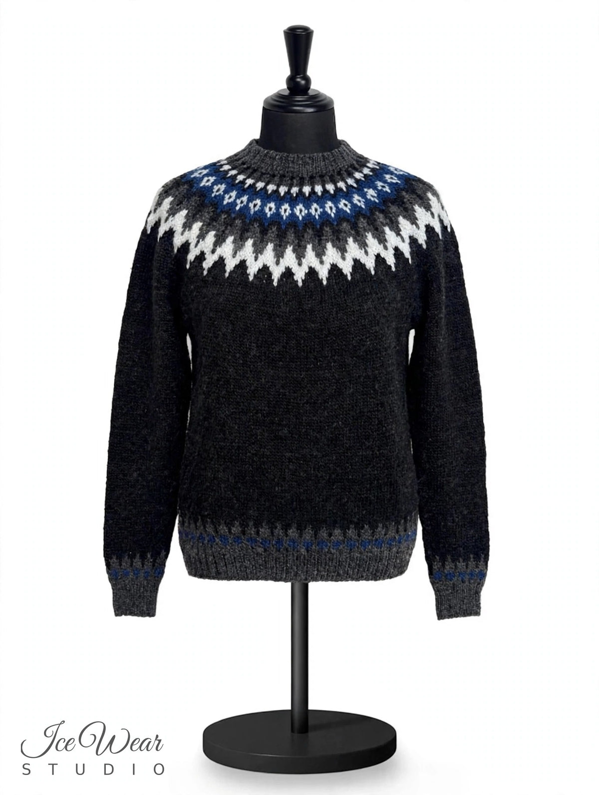 Black Traditional Icelandic Wool Sweater Pullover Blue