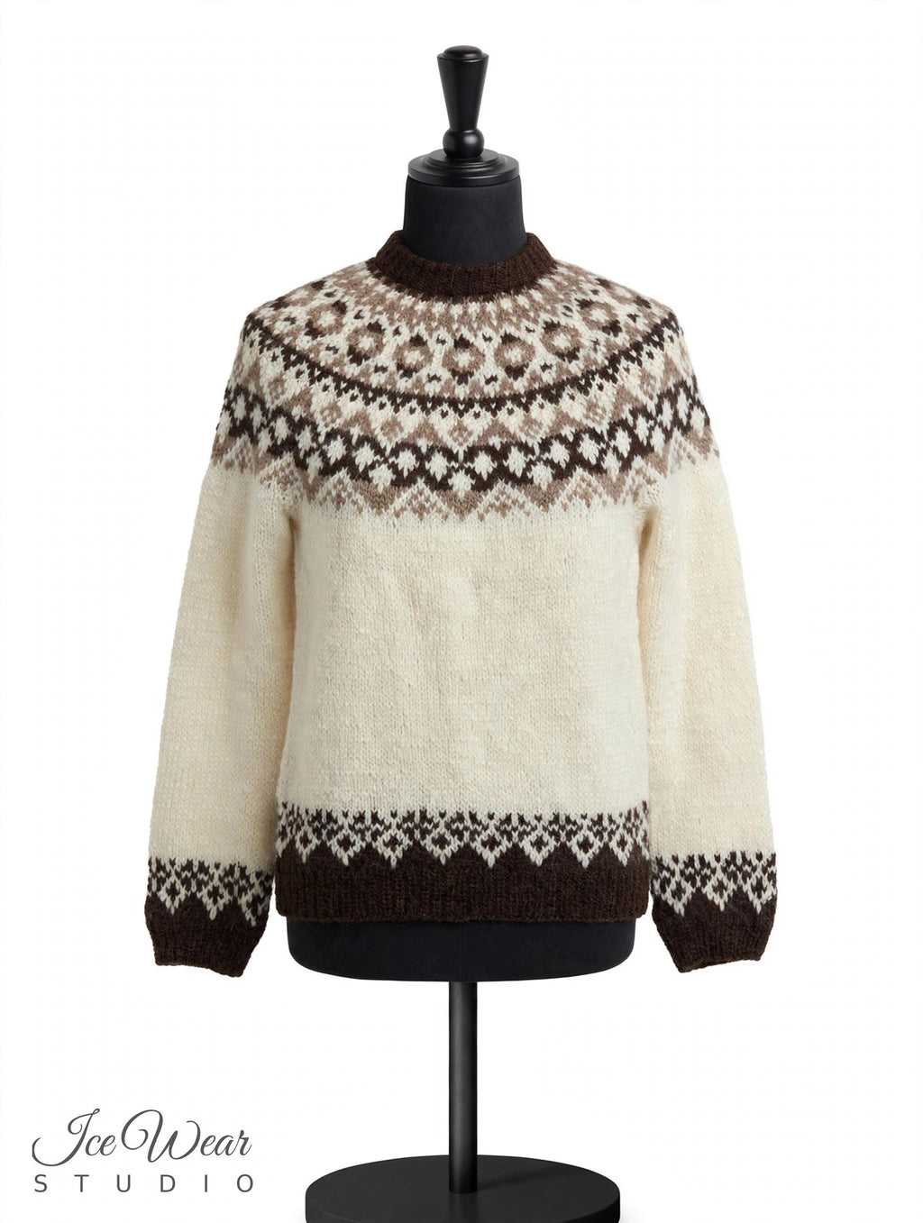 Cream Traditional Icelandic Wool Sweater Pullover Dark Brown