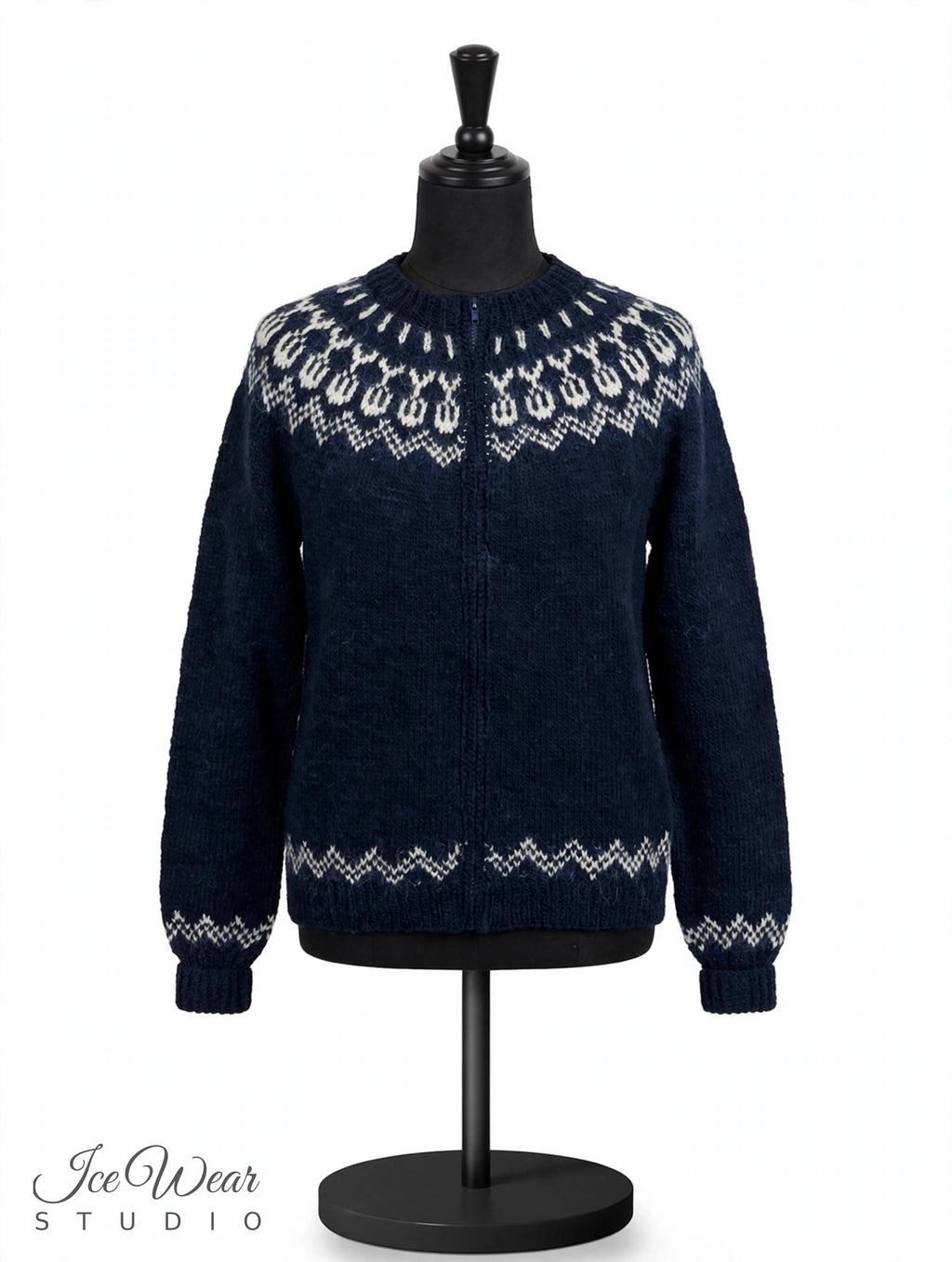 Black Traditional Icelandic Wool Sweater Zip-Up Folded Cuffs