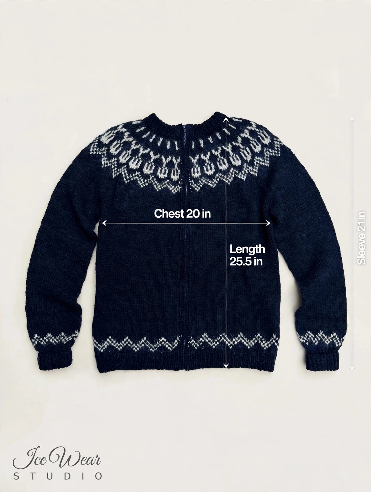Black Traditional Icelandic Wool Sweater Zip-Up Folded Cuffs
