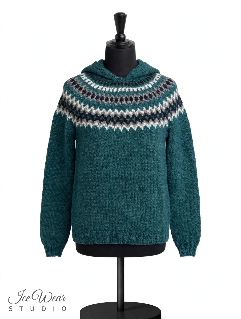 Teal Traditional Icelandic Wool Sweater Pullover with Hood