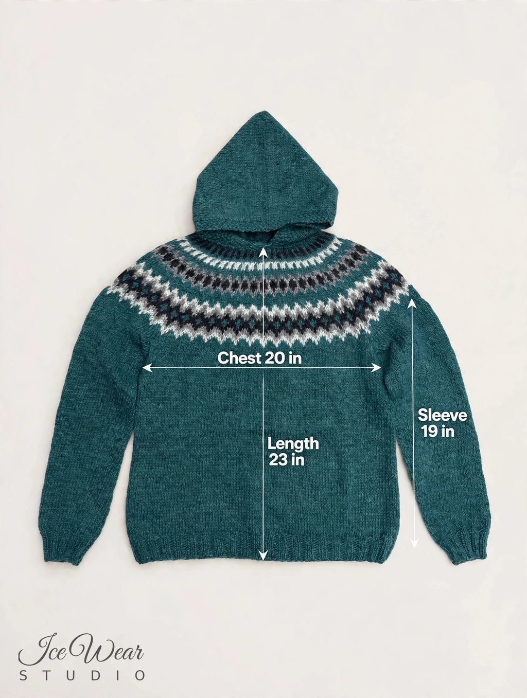 Teal Traditional Icelandic Wool Sweater Pullover with Hood