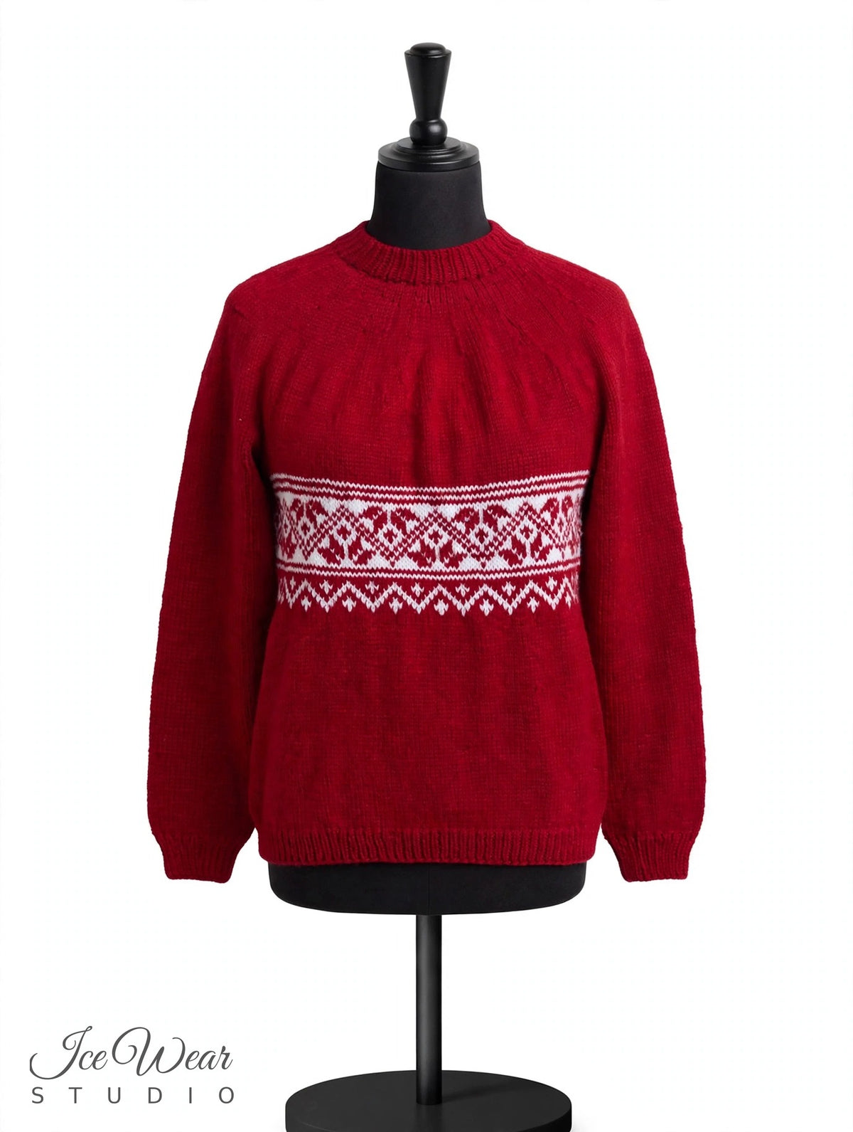 Red Icelandic Pattern Band Pullover Acrylic