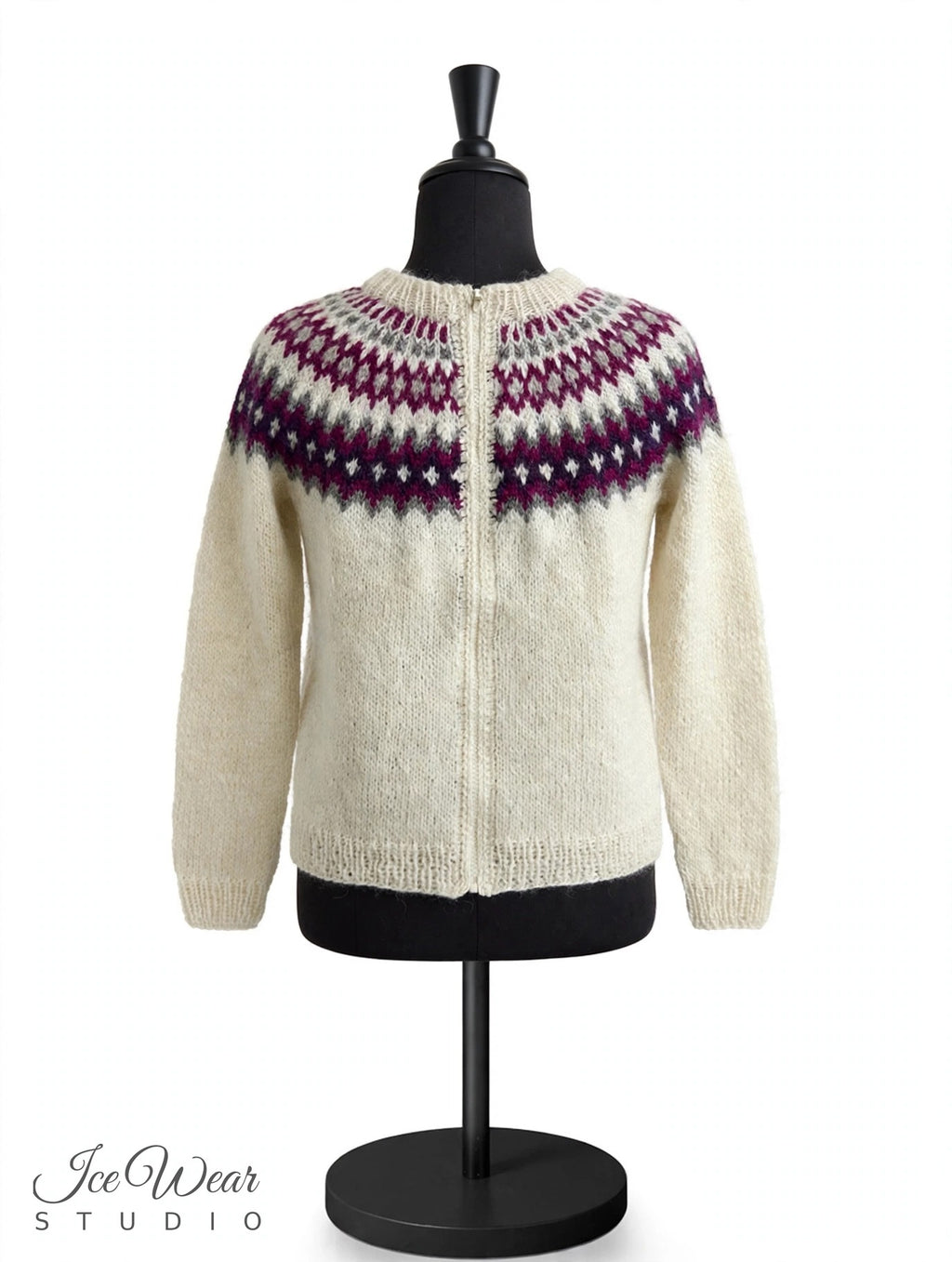 Cream Traditional Icelandic Wool Sweater Zip-Up Purple